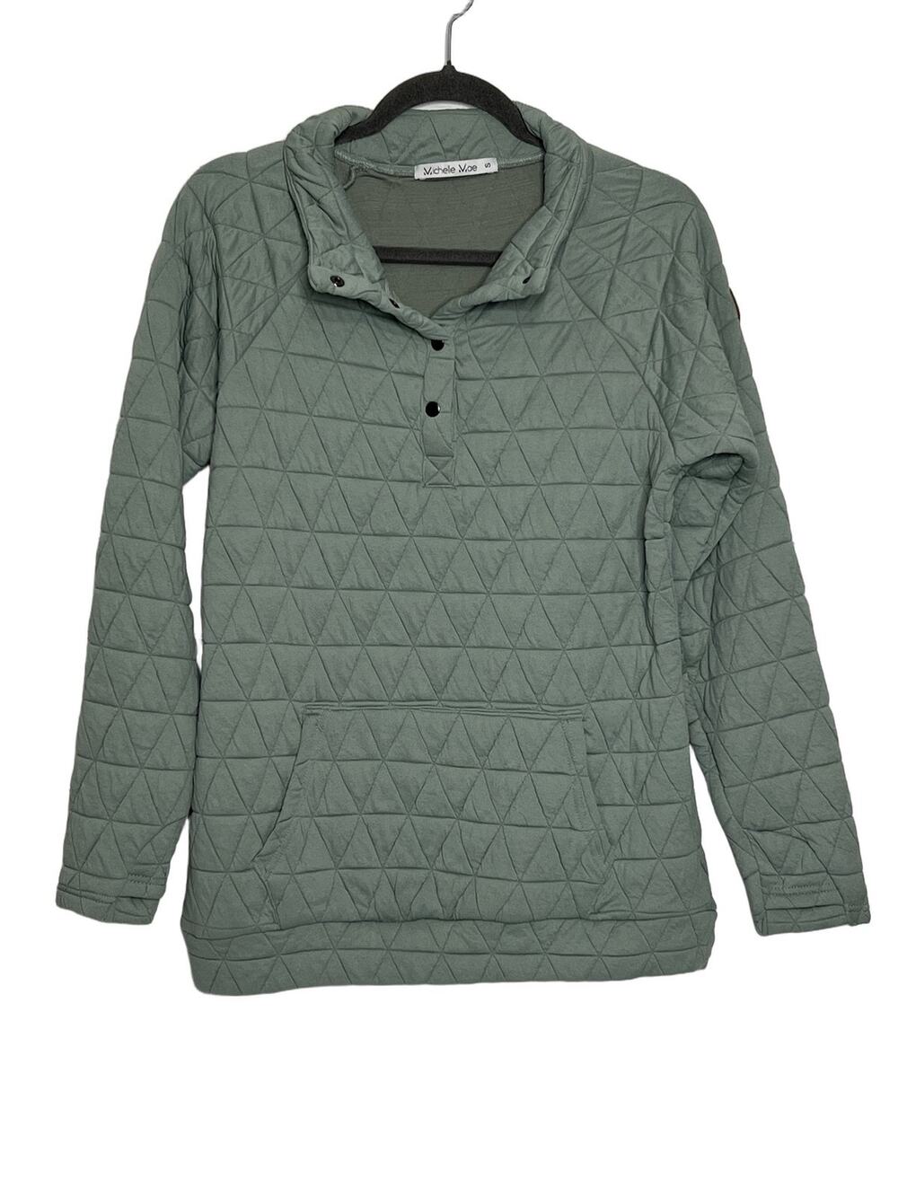 Michele Mae Quilted Pullover Women’s Small Sage Green Button Front Hooded Pouch